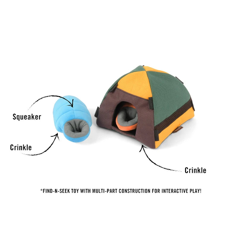 Diagram showing P.L.A.Y. Trailblazing Tent with crinkle and squeaky sleeping bags.