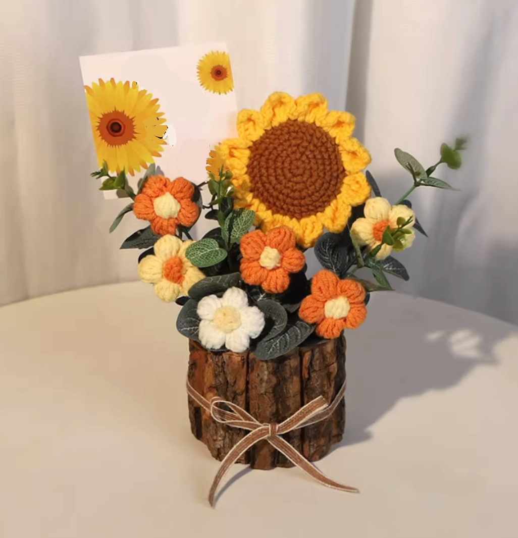 Handmade Large Woven Flower Bouquet Ornament | Yarn Artificial Flowers in Mixed Styles