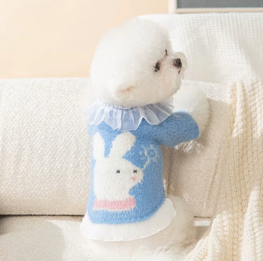 Blue Velvet Pet Dress with Tulle Collar & Skirt – Elegant Cat & Dog Outfit